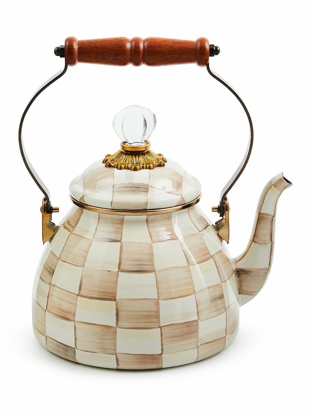 Classic Checkered Ceramic Teapot with Wood Handle - Mocha Check